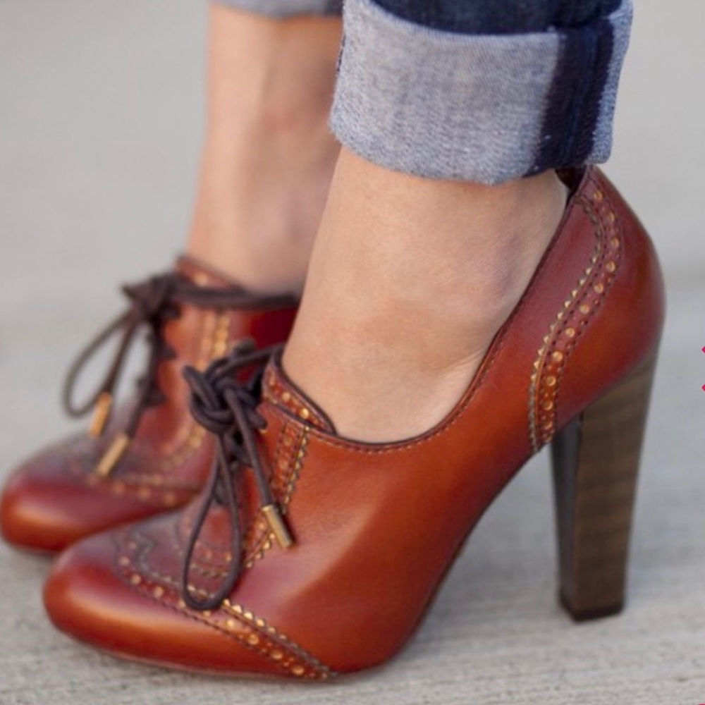 Tan Lace up Oxford Heels Vintage Shoes Chunky Heel